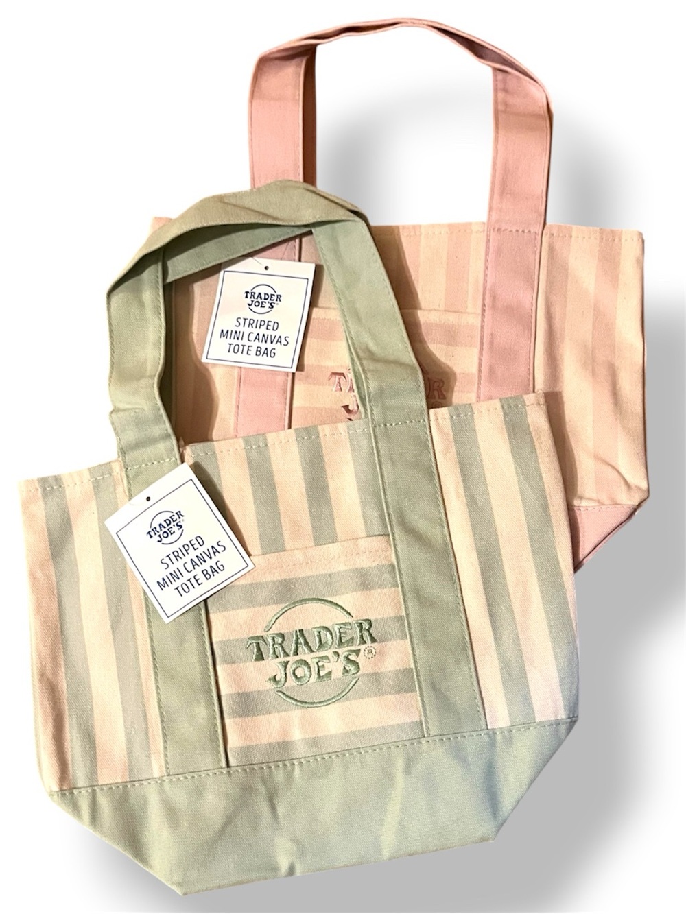 Trader Joe’s Striped Mini Canvas Tote Bag - Seafoam Green and Pale Pink NWT